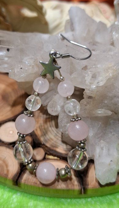 Goutte étoilée Quartz rose et cristal de roche